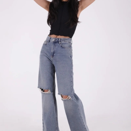 Blugi Wide Leg cu Tăieturi la Genunchi