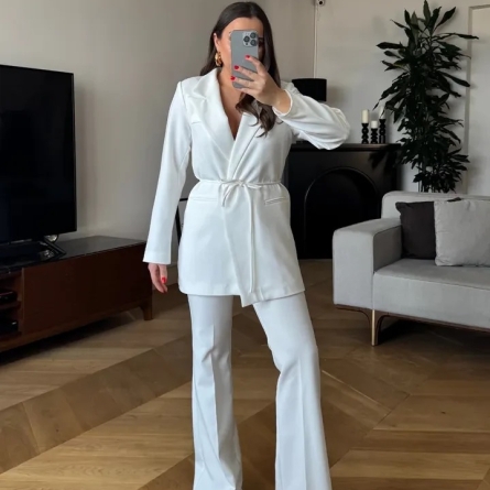 White Belted Straight-Cut Blazer