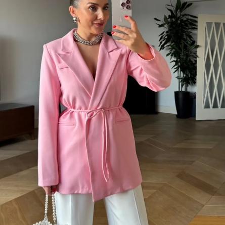 Pink Belted Straight-Cut Blazer