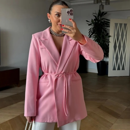 Pink Belted Straight-Cut Blazer
