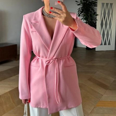 Pink Belted Straight-Cut Blazer