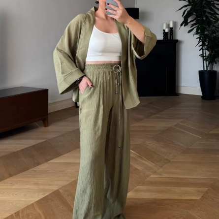 Khaki Casual Set &ndash; Kimono & Wide-Leg Pants