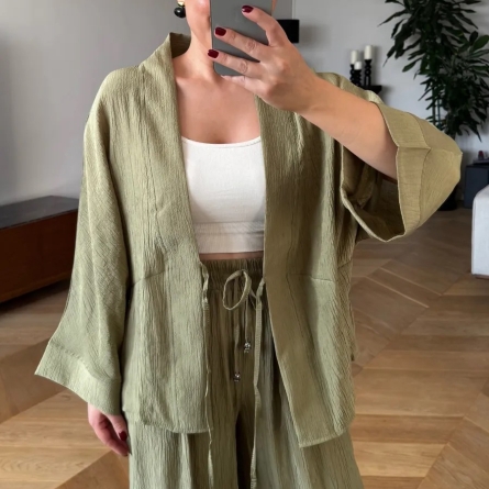 Khaki Casual Set &ndash; Kimono & Wide-Leg Pants
