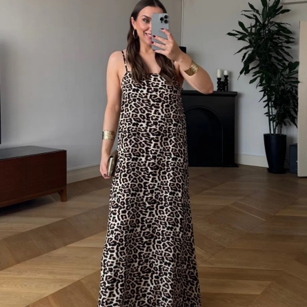 Long Dress with Adjustable Straps and Animal Print