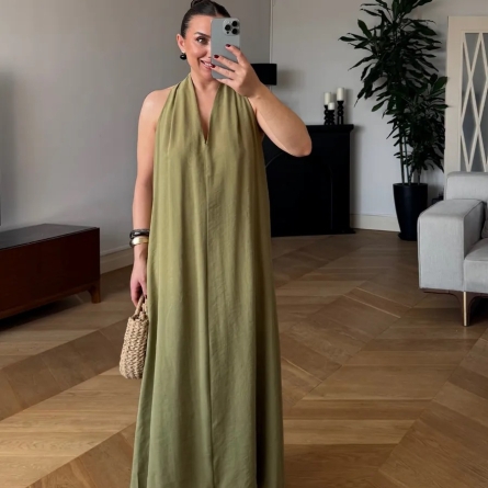 Backless Long Khaki Dress