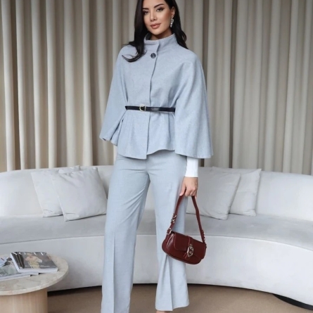 Light Gray Elegant Belted Poncho