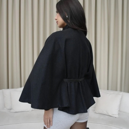 Black Elegant Belted Poncho