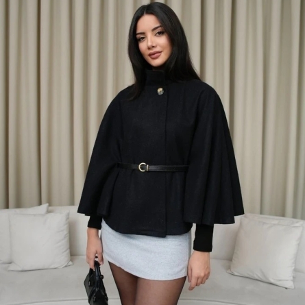 Black Elegant Belted Poncho