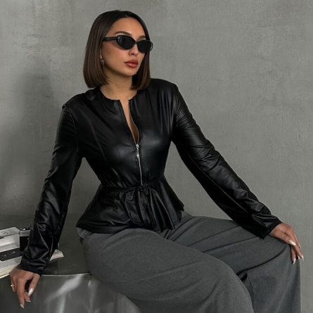 Faux Leather Fitted Blazer-Style Top