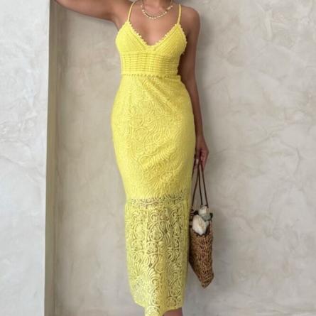 Yellow Lace Midi Dress with Straps