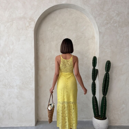 Yellow Lace Midi Dress with Straps