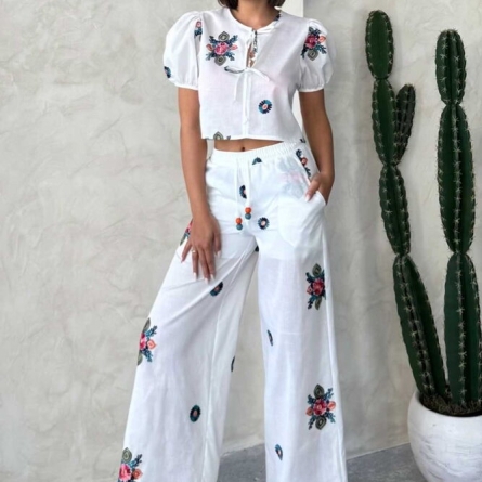 Белые широкие брюки из вышитого шифона