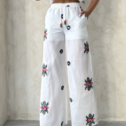 Белые широкие брюки из вышитого шифона