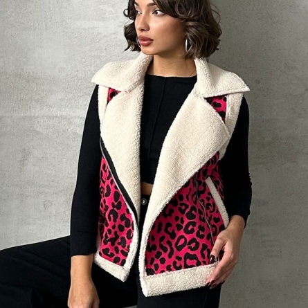 Vestă Roz de Pluș cu Imprimeu Leopard