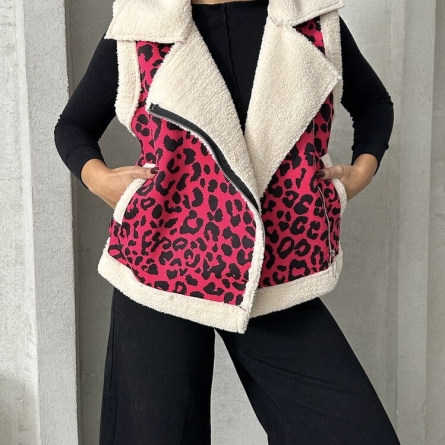Vestă Roz de Pluș cu Imprimeu Leopard