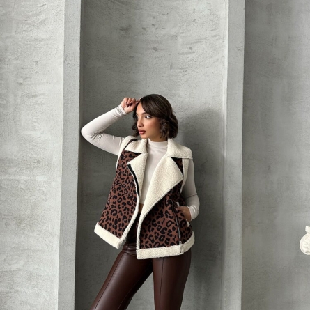 Black Leopard Print Vest with Faux Shearling Lining