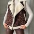 Black Leopard Print Vest with Faux Shearling Lining