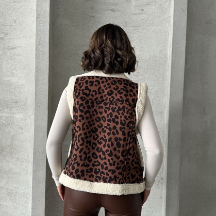 Black Leopard Print Vest with Faux Shearling Lining