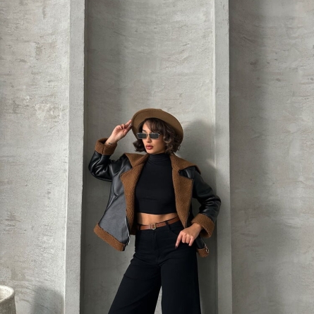 Jachetă căptușită din piele ecologică negru-maro