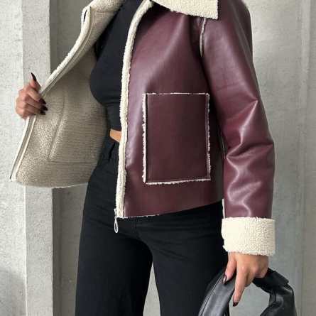 Burgundy Faux Leather Jacket with Shearling Lining