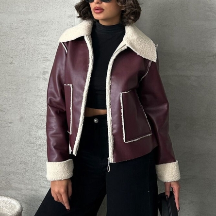 Burgundy Faux Leather Jacket with Shearling Lining