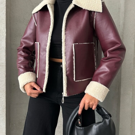 Burgundy Faux Leather Jacket with Shearling Lining