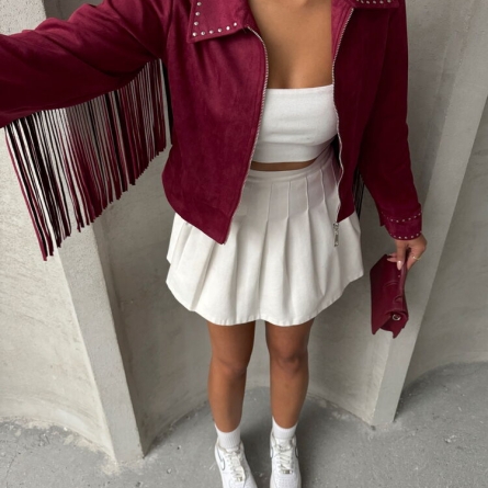 Geacă scurtă bordo din piele &icirc;ntoarsă cu franjuri