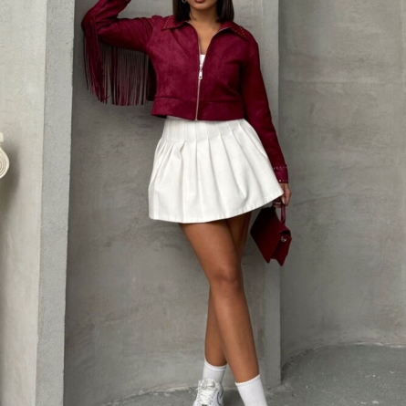 Geacă scurtă bordo din piele &icirc;ntoarsă cu franjuri