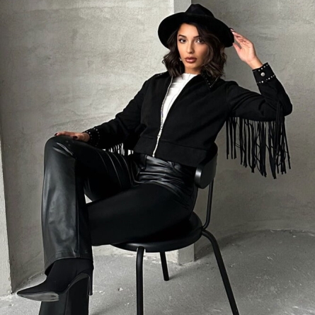 Short Black Suede Jacket with Fringe Details