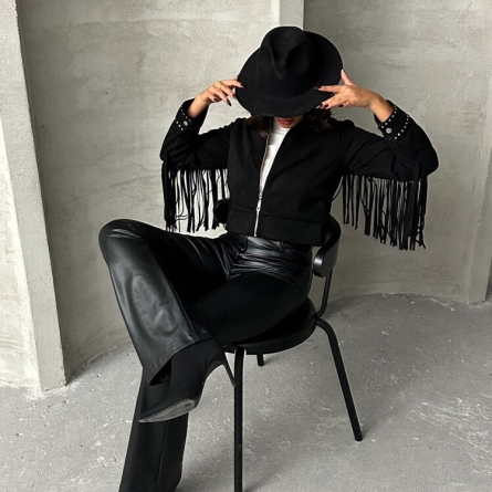 Short Black Suede Jacket with Fringe Details