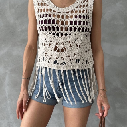 Vestă croșetată din bumbac cu franjuri