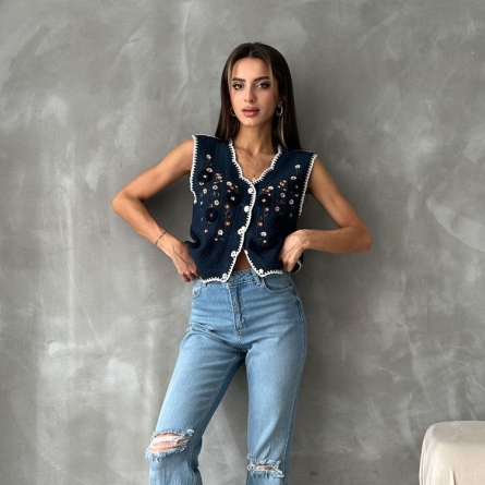 Blue Embroidered Cotton Vest