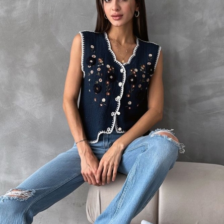 Blue Embroidered Cotton Vest