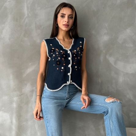 Blue Embroidered Cotton Vest