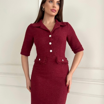 Elegant Tweed-Style Dress in Burgundy