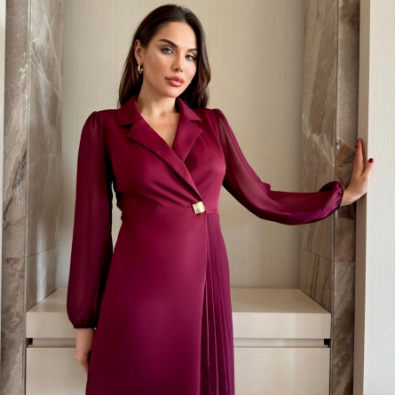 Burgundy Blazer-Style Dress with Pleats