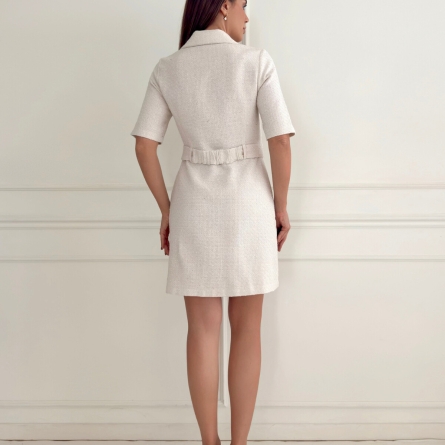 White Tweed Blazer-Style Dress with Buttons and Belt
