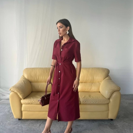 Rochie cămașă vișinie cu cordon și nasturi metalici