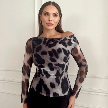 Top cu umăr gol din plasă cu imprimeu animal print