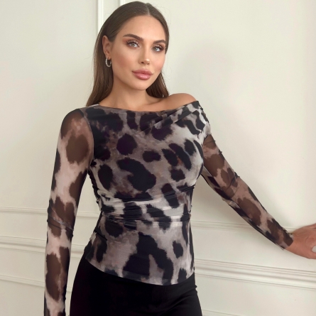 Top cu umăr gol din plasă cu imprimeu animal print