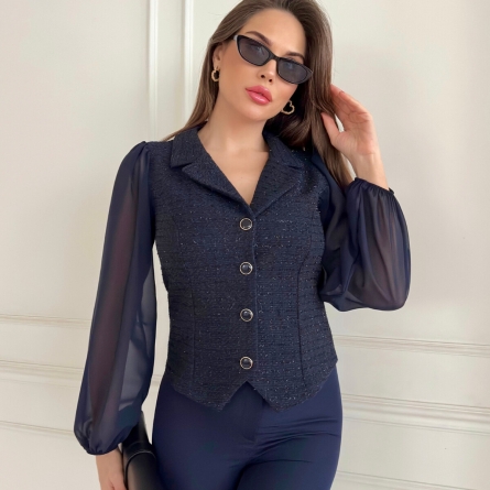 Темно-синий жилет с рукавами из шифона и твидом