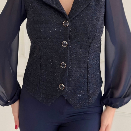 Темно-синий жилет с рукавами из шифона и твидом