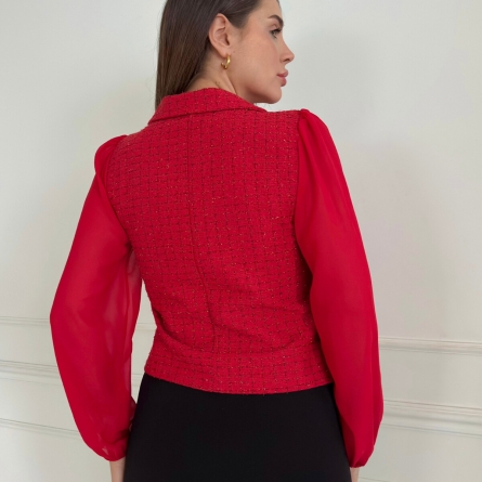Красный жилет с рукавами из шифона и твидом