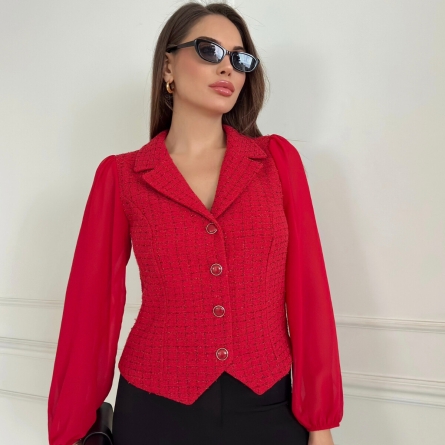 Красный жилет с рукавами из шифона и твидом