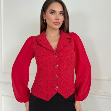Красный жилет с рукавами из шифона и твидом