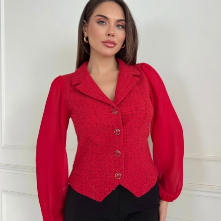 Красный жилет с рукавами из шифона и твидом