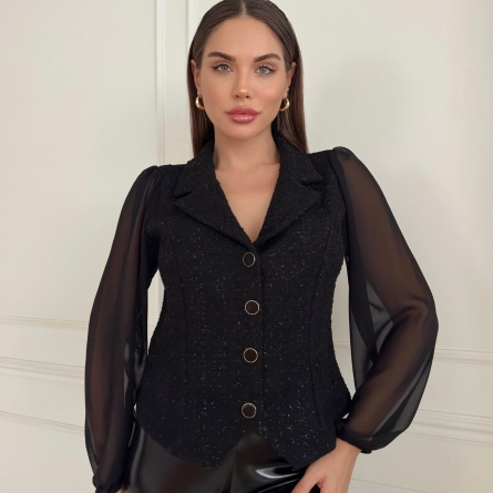 Vestă neagră cu m&acirc;neci chiffon și material tweed