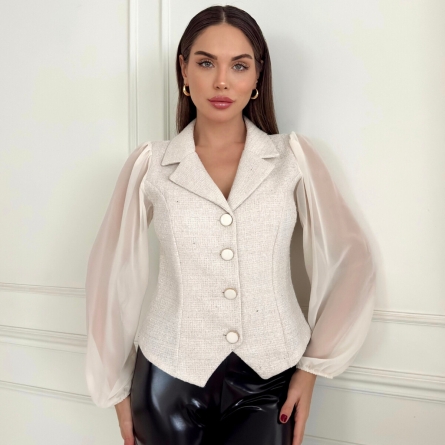 Beige Tweed Vest with Chiffon Sleeves