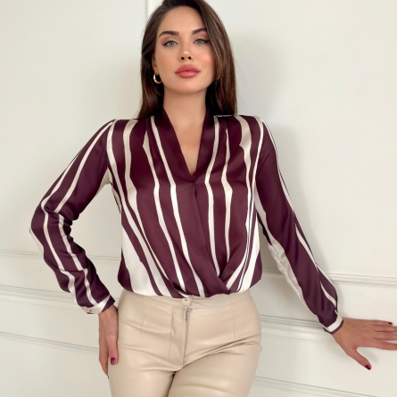 Wrap Blouse with Vertical Cappucino Stripes