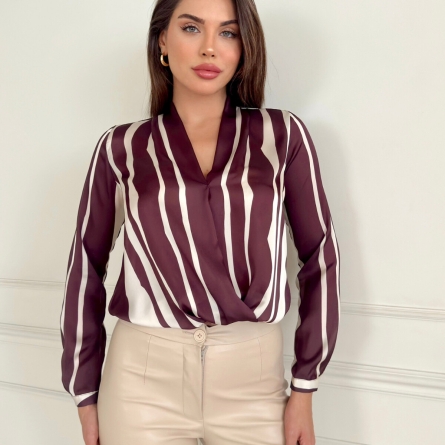 Wrap Blouse with Vertical Cappucino Stripes